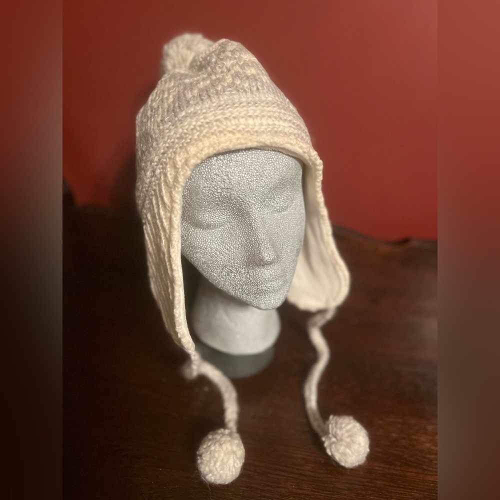 American Eagle Outfitters Cream/Gray Earflap Knit Hat/Iridescent Embellishments